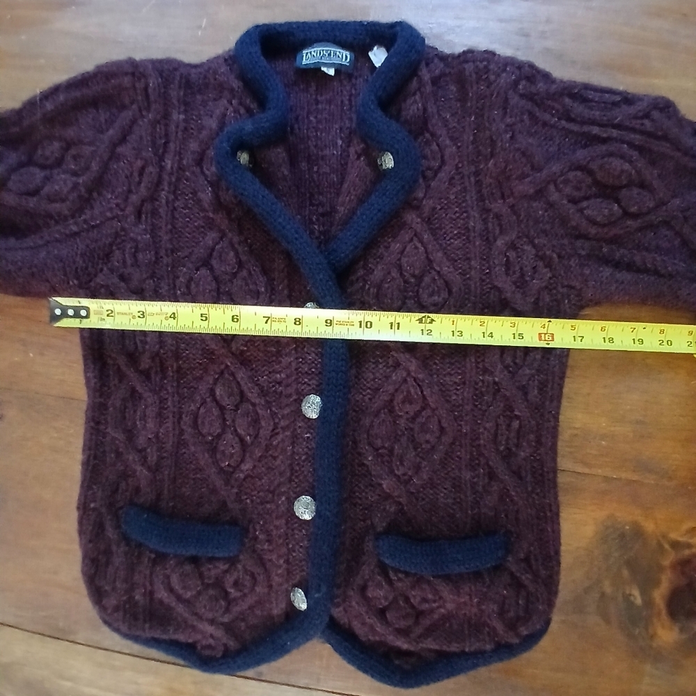 Lands' End Maroon 100% Shetland Wool Cable Knit Cardigan Sweate Fishermanr Sz S - Picture 8 of 8